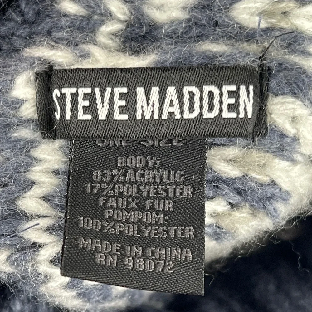 Steve Madden Womens‎ Fair Isle Knit Beanie Navy Grey Faux Fur Pom Pom One Size